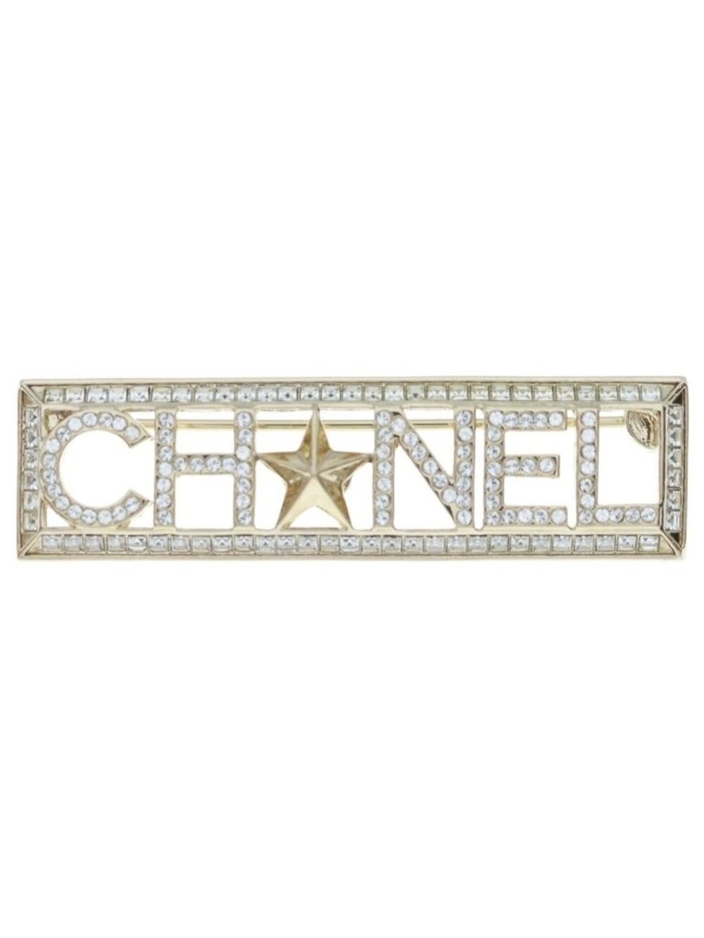 Chanel Rhinestone Logo Brooch Pin Badge Gold